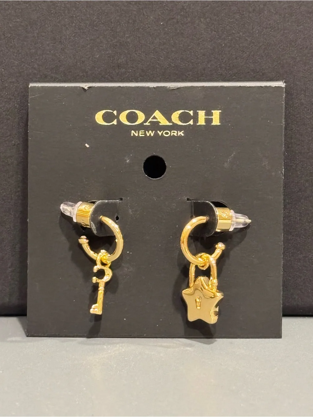 NWT Coach Gold Key & Star Lock Mismatched Mini Hoop Huggie Earrings
